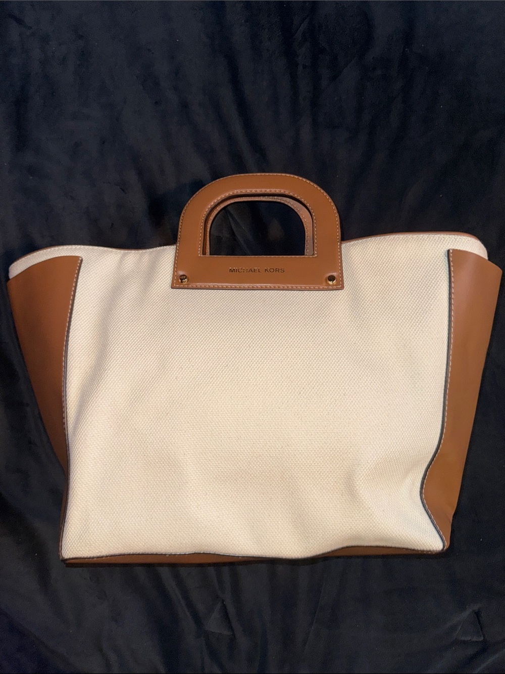 Michael Kors Clara Tote Bag XL Canvas Leather Top Handles Signature Lining cream